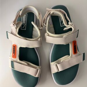 PUMA Kids Green & Cream Sport Strap Sandals with Orange Logo